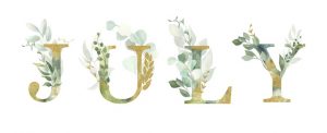 Floral alphabet, lettering July with watercolor green and gold leaf. Perfectly for wedding invitations, greeting card, logo, poster and other design.